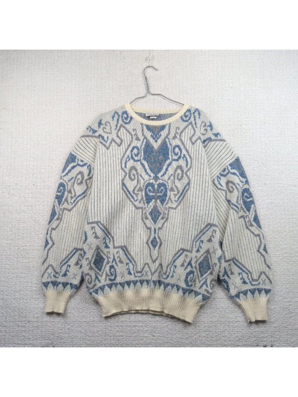 Vintage 80's Bovet Sweater Blue Abstract Knit Italy Made Coogi Style Grandpa